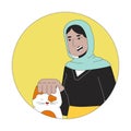 Muslim hijab woman petting cat head 2D line vector avatar illustration