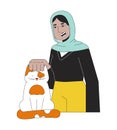 Muslim hijab woman petting cat head 2D linear cartoon character