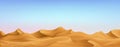 Muslim holiday banner concept. Realistic day time desert landscape with blue sky and clouds. Vector Greeting card for