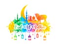Muslim holiday Eid al-Adha. Greeting card with a sacrificial sheep, mosque and crescent with watercolor rainbow splash