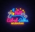 Muslim holiday Eid al-Adha holiday vector illustration. Eid al-Adha Mubarak neon sign design template, modern trend