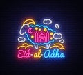 Muslim holiday Eid al-Adha holiday vector illustration. Eid al-Adha neon sign design template, modern trend design