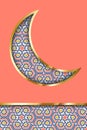 Muslim holiday greeting card template. Half moon crescent with traditional arabic islam art pattern Royalty Free Stock Photo