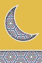 Muslim holiday greeting card template. Half moon crescent with traditional arabic islam art pattern Royalty Free Stock Photo