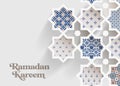 Muslim holiday Ramadan Kareem greeting card. Close-up of colorful ornamental arabic tiles, patterns through white mosque Royalty Free Stock Photo