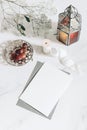 Muslim holiday Ramadan Kareem greeting card, invitation mockup. Vintage Moroccan, Arabic lantern. Grapes on silver plate