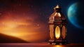 During the Muslim holy month of Ramadan Kareem, a decorative Arabic lantern with a burning candle provides a warm glow in the