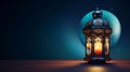 During the Muslim holy month of Ramadan Kareem, a decorative Arabic lantern with a burning candle provides a warm glow in the