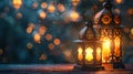 Muslim holy month Ramadan Kareem. Ornamental lantern glowing