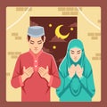 Muslim husband and wife pray at midnight vector image.