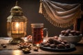 Muslim iftar breaking fast with dried dates, nuts and sweet drinks, with lantern lamp as decoration. Created with