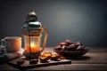 Muslim iftar breaking fast with dried dates, nuts and sweet drinks, with lantern lamp as decoration. Created with