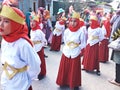 Muslim Indonesian students walking and marching on the street with uniforms in celebrating the country's Independence Day.