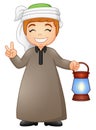 Muslim kid giving two finger with holding lantern Royalty Free Stock Photo