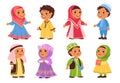 Muslim kids. Funny Arab boys and girls in traditional clothes. Happy little Islamic children national outfit. Young