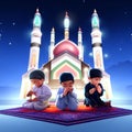 Muslim kids praying in front of mosque at night. Ramadan Kareem background Generative AI