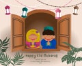 Muslim kids wish you a happy Eid Mubarak vector illustration