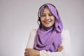 Muslim Lady Call Center Operator Smiling at Camera Royalty Free Stock Photo