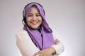 Muslim Lady Call Center Operator Smiling at Camera Royalty Free Stock Photo