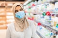 Muslim Lady In Face Mask Doing Grocery Shopping In Supermarket Royalty Free Stock Photo