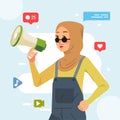 Muslim light brown hijab young girl holding megaphone shouting loud announcing social media Promotion advertising concept