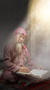 Muslim man with a beard wearing keffiyeh with agal sitting and reading the Quran