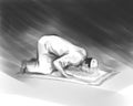 Muslim man do shalat, Islam prayer activity, illustration in sketch hand drawing ink style