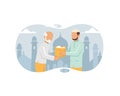 Muslim man giving alms or zakat to old man in the month of ramadan concept