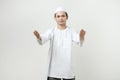 muslim man greeting with two hand. People religious Islam lifestyle concept. celebration Ramadan and ied Mubarak. on isolated
