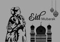 Muslim man hugging and wishing to each other on occasion of Eid celebration,silhouetted mosque and lanterns background. Hand Drawn