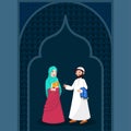 Muslim man and lady talking each other on mosque door illustration. Can be used as Ramadan Mubarak.