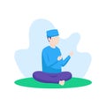 Muslim man praying to allah during salat vector flat illustration. islam people sitting with begging hand gesture character design Royalty Free Stock Photo