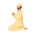 Muslim man prays in traditional white clothes with skullcap. Vector illustration in flat cartoon style