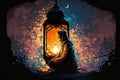 Muslim Man Sitting and Praying Next to Lantern