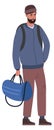 Muslim man with travel bags. Standing migrant character