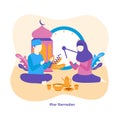 Muslim man and woman praying to Allah together during iftar eat time for break fasting vector flat illustration. Islam ramadan