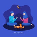 Muslim man and woman praying to Allah together during sahur eat time to prepare full day fasting vector flat illustration. Islam