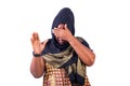 Muslim mature woman covering eyes with hands and making a stop gesture Royalty Free Stock Photo