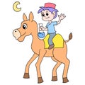 Muslim men ride camel animals on the night of the month of Ramadan. doodle icon image kawaii
