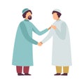 Muslim Men in Traditional Clothing Greeting Each Other and Shaking Hands as They Celebrating Eid Al Adha Islamic Holiday