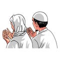 Muslim Moslem Couple Man Woman Pray Prayer Dua Drawing Cartoon Vector