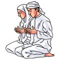 Muslim Moslem Couple Man Woman Pray Prayer Dua Drawing Cartoon Vector Illustration