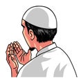 Muslim Moslem Man Pray Prayer Dua Drawing Cartoon Vector