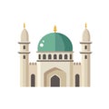 Muslim mosque with minaret towers. Architectural dome. Symbol of islam religion. Flat design icon. Isolated vector