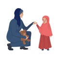 Muslim mother and daughter. Middle Eastern family. A young woman and a little girl in Arabic clothes. Vector bright