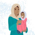 Muslim mother is holding her child in arms. Vector cartoon illustration Royalty Free Stock Photo