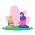 Muslim Mother teach her daughter reading quran the holy book of islam vector flat illustration at nature background with floral Royalty Free Stock Photo