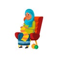 muslim old lady knitting scarf in living room cartoon vector