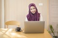 Muslim operator woman in headset using computer answering customer call in office, Customer service concept Royalty Free Stock Photo