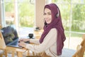 Muslim operator woman in headset using computer answering customer call in office, Customer service concept Royalty Free Stock Photo